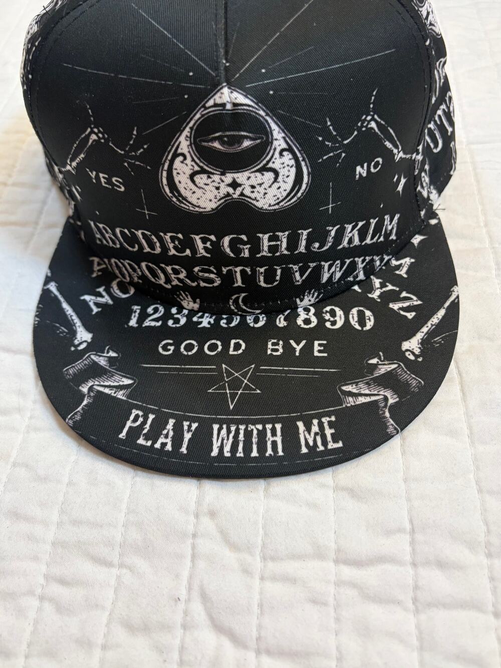 Ouija Board Spirit Planchette "Play With Me" Snapback Hat - Black/White - NWOT
